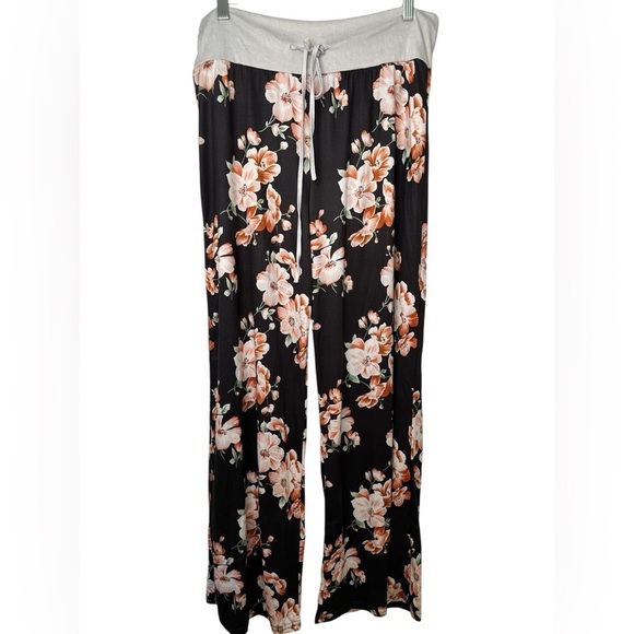 Pants - Black Pink Floral Print Lounge Pants
